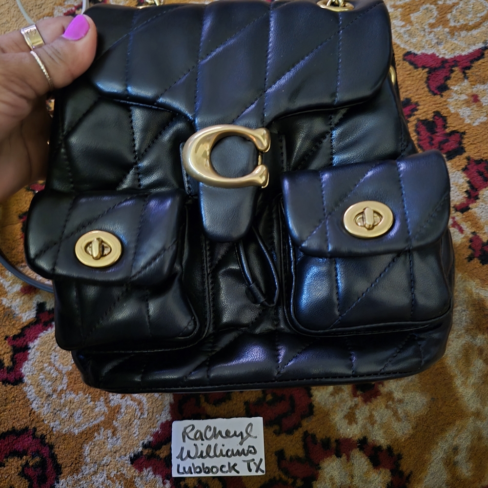 Coach Elegant Quilted Black Leather Backpack with Gold Hardwear Chain Straps